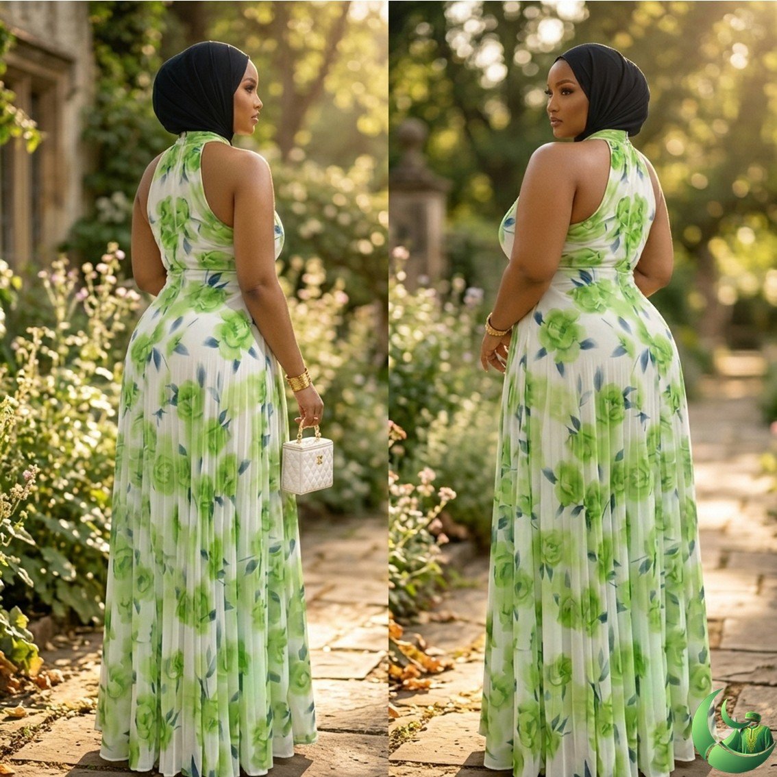 robe-longue-florale-verte-plissee-mode-chic-senegal