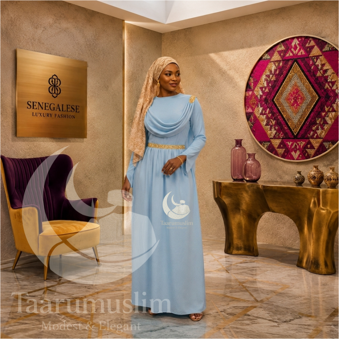 Robe Longue Fluide avec Ceinture Dorée - Collection Modest Chic
