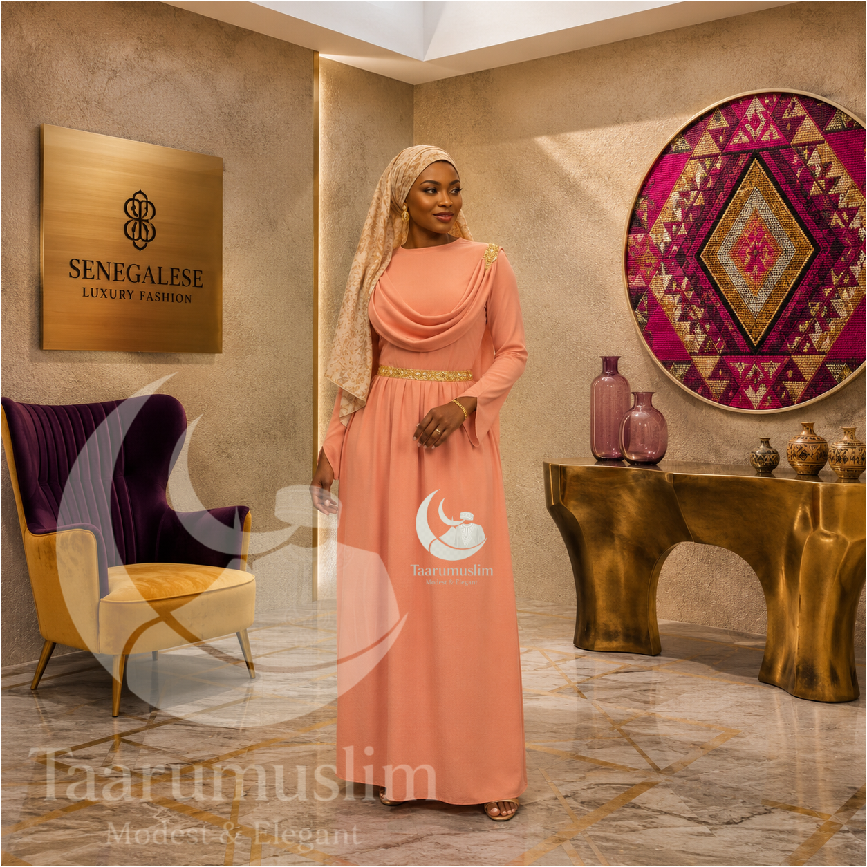 Robe longue couleur saumon pour femme musulmane Sénégal.