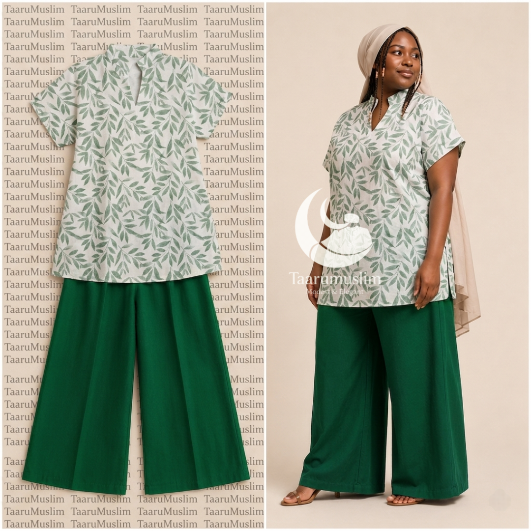 Ensemble femme pantalon large vert bouteille et tunique imprimé feuillage vert Dakar