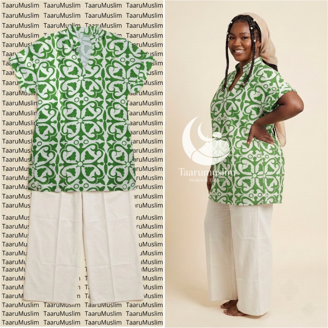 Ensemble modest fashion dakar pantalon clair et tunique verte motif arabesque