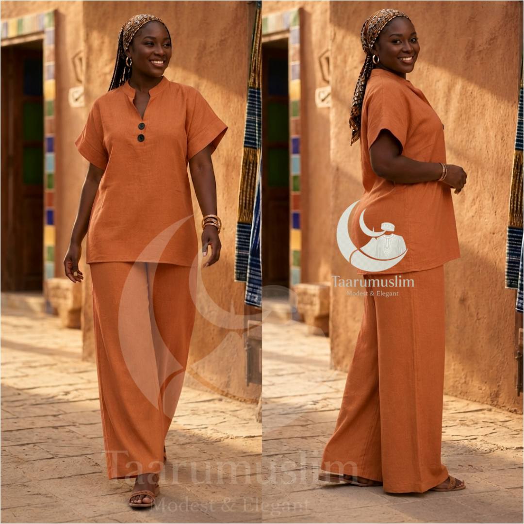 Ensemble Tunique col officier V & Pantalon Large en Lin - Style Minimaliste Chic