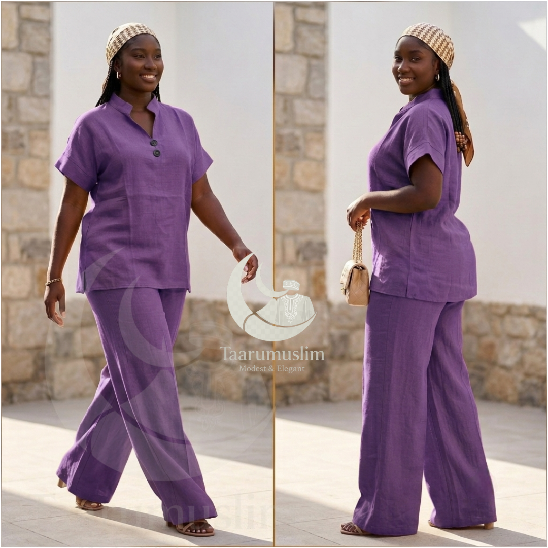 Ensemble modest fashion lin violet tunique courte et pantalon large Sénégal