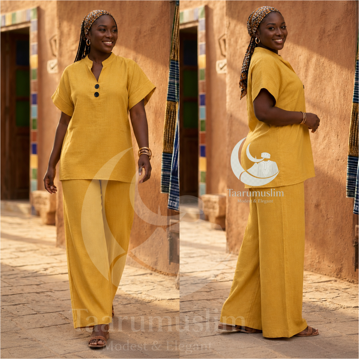 Ensemble tunique et pantalon large en lin jaune moutarde femme TaaruMuslim